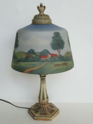 Antique Reverse Painted Farm Scene Boudoir Lamp (14 ")