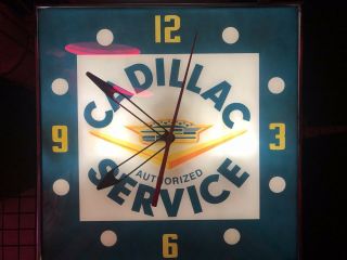 Vintage Lighted Advertising Sign Clock “ Cadillac Authorized Service”