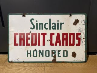 Vintage Porcelain Sign Sinclair Credit Cards Honored Double Sided Flange Gas Oil
