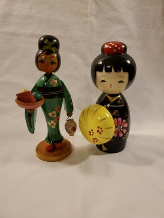 Vintage Wooden Japanese Kokeshi Girl Dolls 6 " Tall (one Is A Bobblehead)