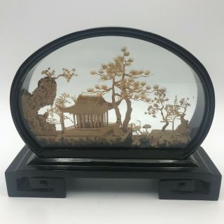 Vintage Chinese Cork Carved Diorama In Glass And Black Lacquered Wood Case