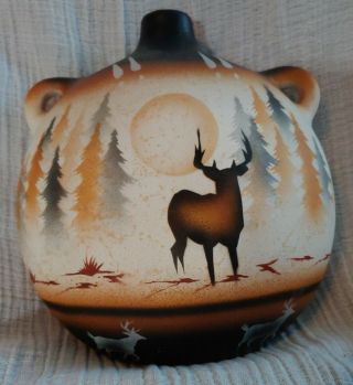 Vintage Rwa Water Jug Pottery 7 1/2 " Native American Deer/buck In Forest 1999