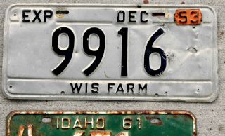 1952 Black On Aluminum Wisconsin Farm License Plate With A 1953 Tab
