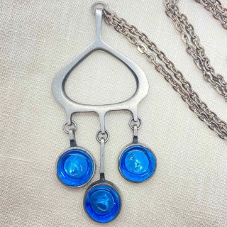 Vintage Rune Tennesmed Swedish Necklace Pewter Blue Glass Modernist