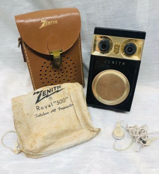 Vintage Zenith Royal 500 Deluxe Transistor Radio Case Ear Buds Parts