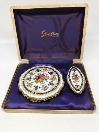 Vintage Floral Enamel Stratton England Compact Lipstick Holder Set Box