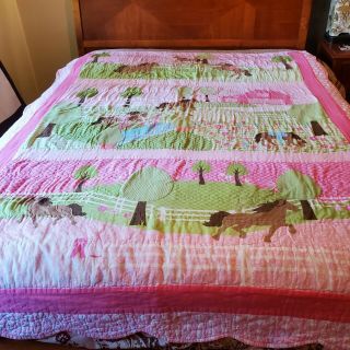 Vtg Twin Hand Quilted 64 " X95 " Reversible Blanket Bedspread Horses Barn Pink