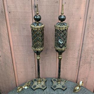 Vintage Spanish Revival Bronzed Iron Lamp Pair Metalwork