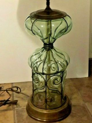 Vtg Mcm Hollywood Regency Murano Italy Caged Puffy Glass Table Lamp - No Shade