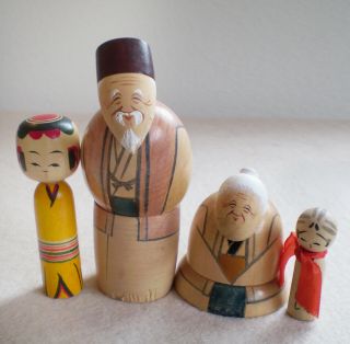 4 Vintage Hand Painted Wood Japanese Kokeshi Dolls Grandpa Grandma & 2 Children