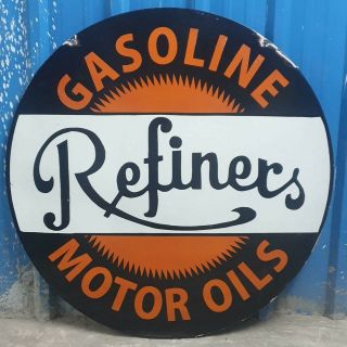 Large Refiners Gasoline Motor Oil Porcelain Enamel Double Sided Sign