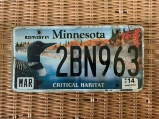 2014 Minnesota Critical Habitat Specialty License Plate 2bn963 Loon