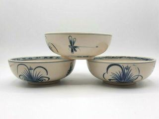Set 3 Vietnam Bat Trang Pottery Blue And White Bowls Dragonfly Flowers