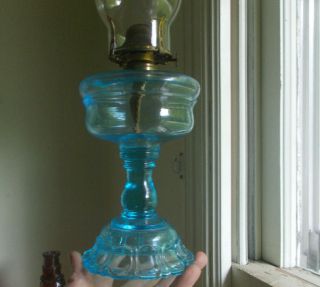 1880s Blue Apollo Pattern Oil Lamp Complete Adams Glass Co Pittsburgh