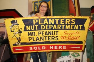 Large Vintage Planters Mr Peanut Nut Department Candy Store 48 " Metal Sign
