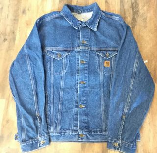 Vintage Mens Carhartt Denim Jean Trucker Jacket Blue Workwear Made In Usa Sz Xl