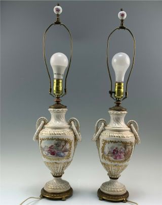 2 Antique Porcelain Courting Couple Vases Fabricated To Lamps By Nicholas Havdon