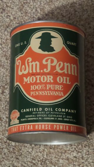 Vintage Wm Penn One Quart Motor Oil Can Metal Gas Sign Full Nos Minty