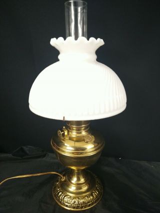 Antique Brass Oil Student Lamp White Glass Swirl Shade Electric