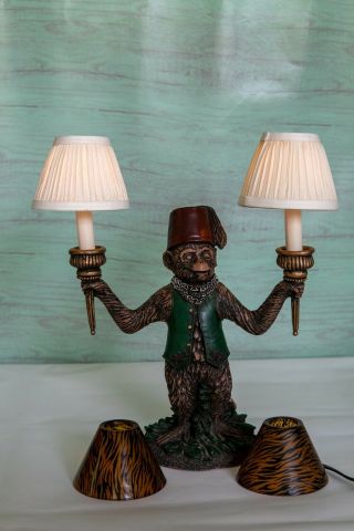 Vintage Monkey Bellhop 14  X 13 " Double Light Table Lamp With Extra Shades