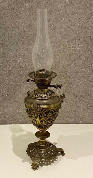 Antique Ornate Brass Oil Lamp Base.  Victorian C 19th Century.  Hinks Duplex Burner