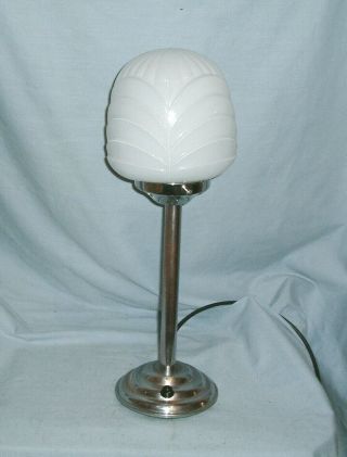 Art Deco - Chrome Table Lamp - With Stepped Base & Opaline Glass Shade.