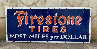 Vintage " Firestone Tires " Porcelain Enamel Sign 48 " X20 "