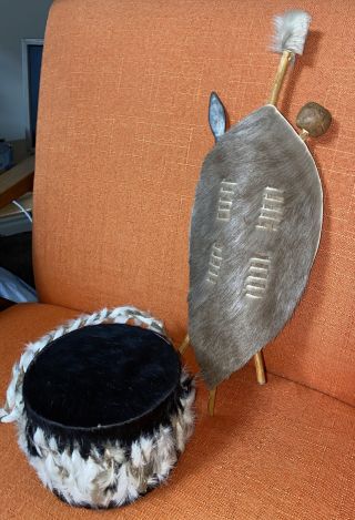 Vintage Hand Crafted Mini Zulu Shield Spear And Drum South Africa Cow Hide