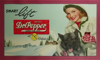 1940s Dr Pepper Soda Color Lithograph Advertising Sign Pretty Woman
