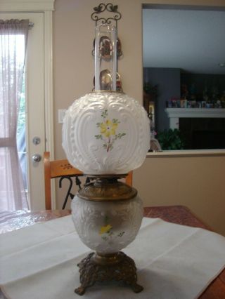 Antique Gwtw Satin Glass Kerosene Oil Lamp With Hand Painted Yellow Flowers