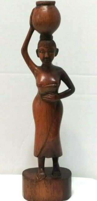 Vintage African Art Wooden Statue Native Woman Holding Water Jar & Stomach