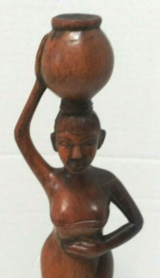 Vintage African Art Wooden Statue Native Woman Holding Water Jar & Stomach 2