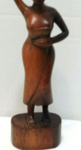 Vintage African Art Wooden Statue Native Woman Holding Water Jar & Stomach 3