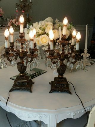 Pr Vtg Antique Candelabras 5 Light Ornate Brass Table Lamp Candle Prisms Crystal
