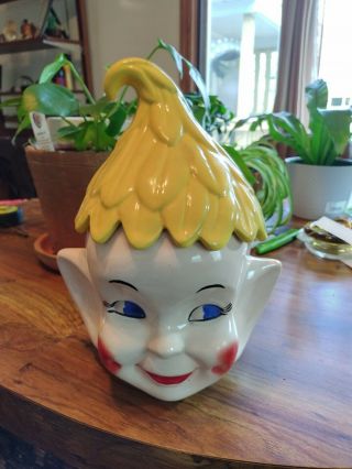 Vintage Elf Pixie Yellow Hat Dimples Cookie Jar/canister Glazed