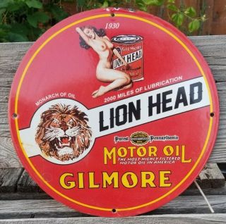1930 Gilmore Lion Head Porcelain Sign Gas Motor Oil Can Monarch Butterfly Girl