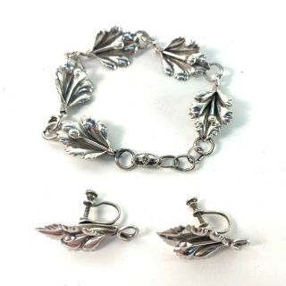 Sterling Silver Peace Lily Flower Screw Back Earrings And Bracelet Vintage