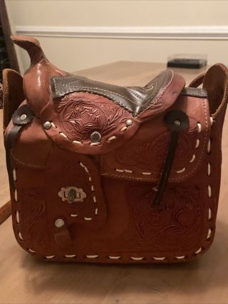 Vtg Hand Tooled Leather Miniature Horse Saddle Purse Western Cowgirl Hand Bag