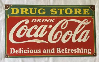 Vintage Coke Coca - Cola 24” Drug Store Soda Porcelain Sign Car Truck Oil Gas