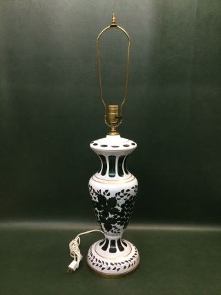 Bohemian Cased White Cut To Emerald Green Glass Table Lamp Grapes Vines