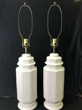 Pair 2 White Ceramic Bamboo Table Lamps Mcm Hollywood Regency Art Deco Coastal