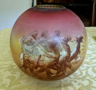 Large Antique - Men On Camels - Victorian Hand Painted Gwtw Globe Lamp Shade