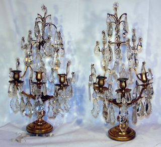 Pr Antique French Bronze Prism Girandoles 3 Light Candelabra Candle Holders 26 "