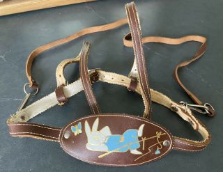 Vintage Leather Toddler Reins Harness Leash Pram Rabbit Fishing Motif