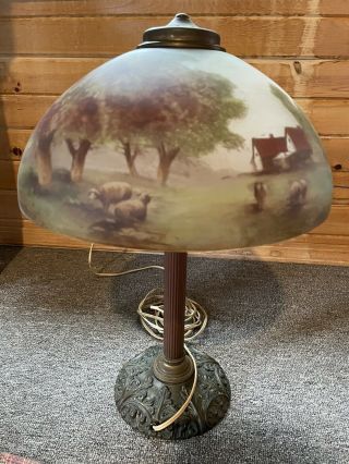 Pilabrasco Pittsburgh Converted Gas Table Lamp & Reverse Painted Glass Shade
