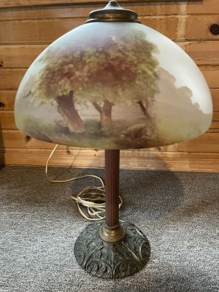 PILABRASCO PITTSBURGH CONVERTED GAS TABLE LAMP & REVERSE PAINTED GLASS SHADE 2