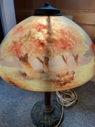 PILABRASCO PITTSBURGH CONVERTED GAS TABLE LAMP & REVERSE PAINTED GLASS SHADE 3