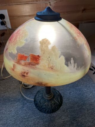 PILABRASCO PITTSBURGH CONVERTED GAS TABLE LAMP & REVERSE PAINTED GLASS SHADE 4