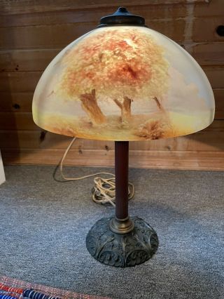 PILABRASCO PITTSBURGH CONVERTED GAS TABLE LAMP & REVERSE PAINTED GLASS SHADE 5