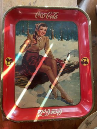 Vintage Antique 1941 Coca Cola Metal Tray,  Young Woman With Ice Skates Winter